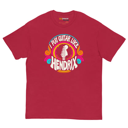 Red unisex t-shirt featuring a colorful "I play guitar like HENDRIX" graphic with a guitar headstock illustration.