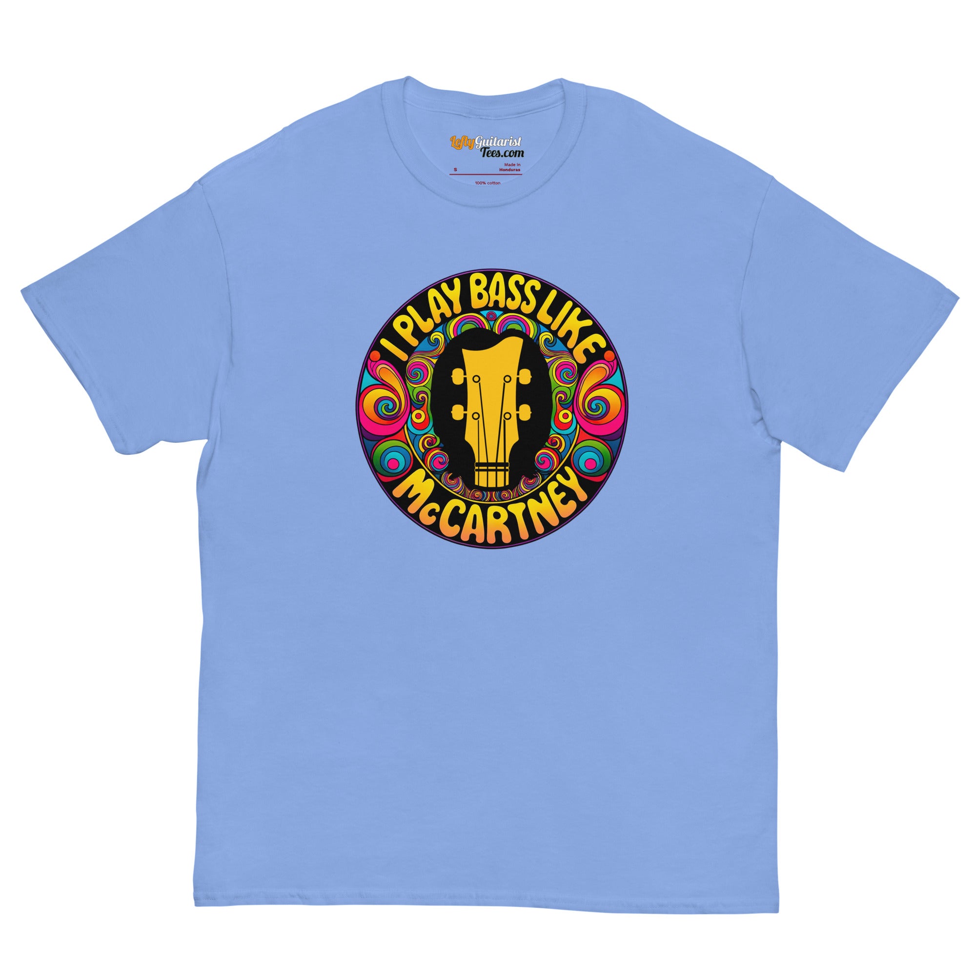 Carolina blue unisex t-shirt featuring a colorful circular graphic with the text "I play bass like McCartney" and a bass g...