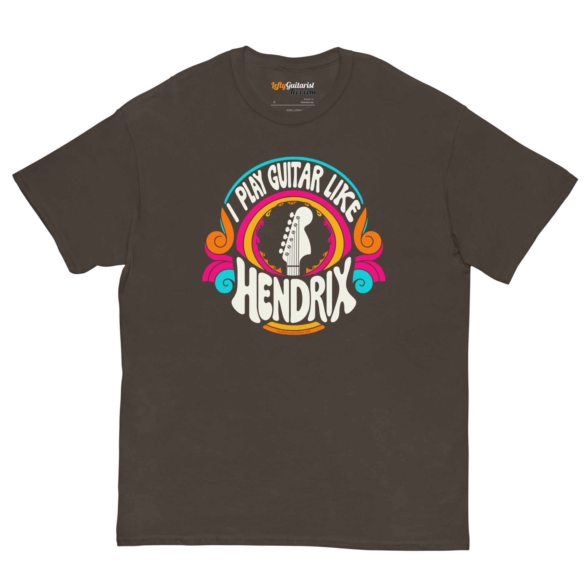 Dark chocolate unisex t-shirt featuring a colorful graphic that reads "I play guitar like HENDRIX" with a guitar headstock illustration