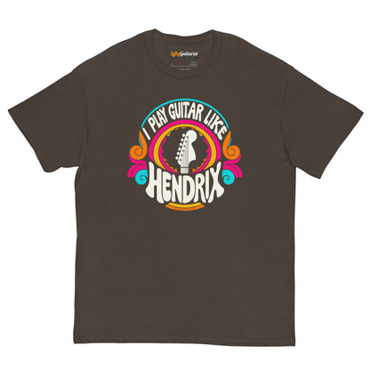 Dark chocolate unisex t-shirt featuring a colorful graphic that reads "I play guitar like HENDRIX" with a guitar headstock illustration