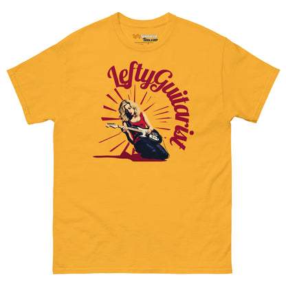 Lefty blonde guitarist unisex t-shirt in bright yellow with graphic design featuring a female guitarist.