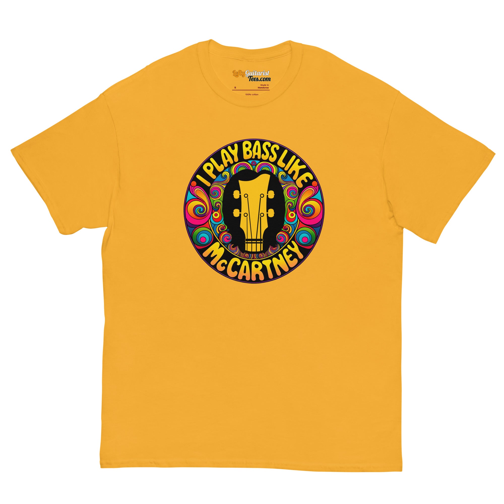 Yellow unisex t-shirt featuring a circular graphic with the text "I play bass like McCartney" and a guitar design.
