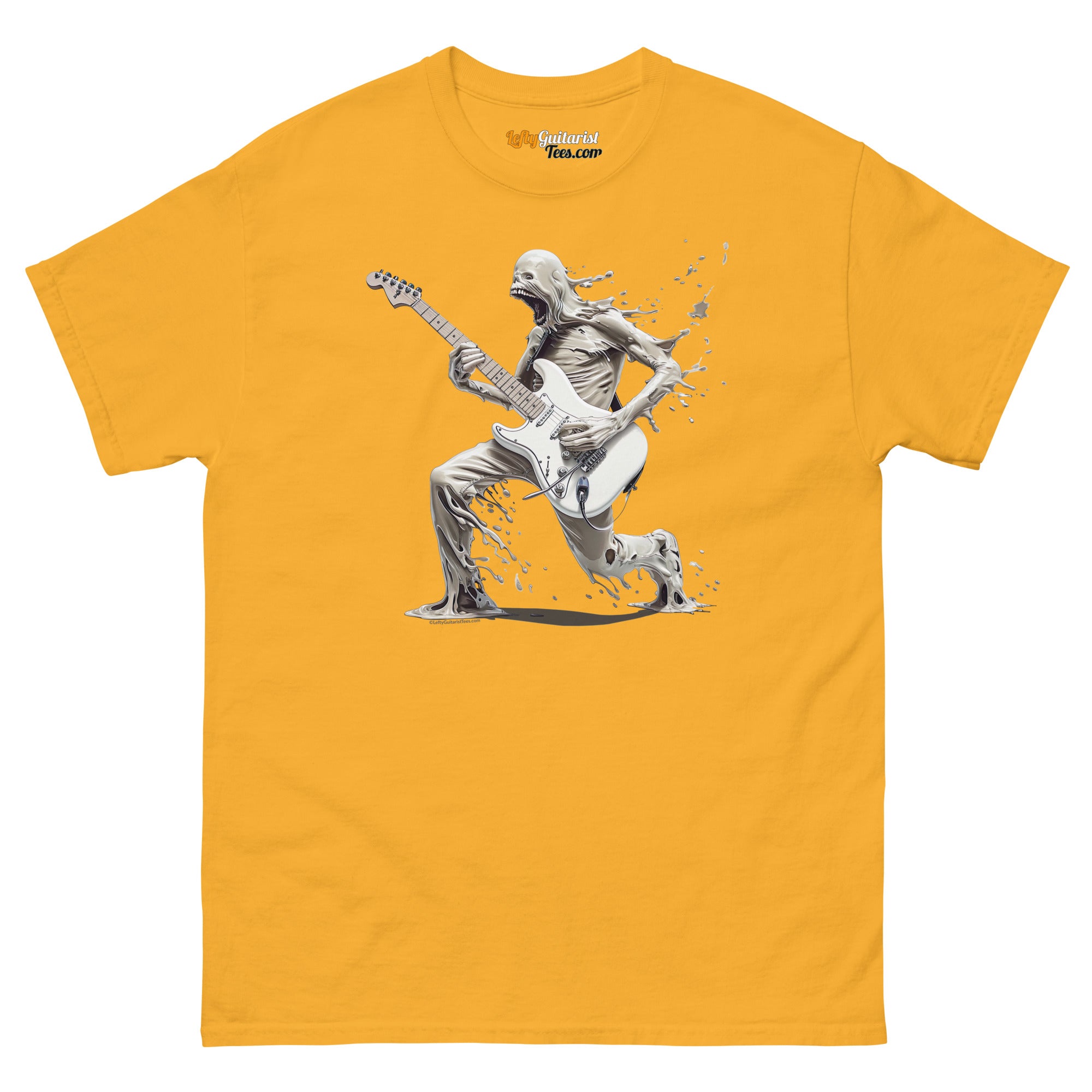 The Lefty Melting Man unisex tee in gold features a graphic of a melting figure playing a left handed electric guitar.