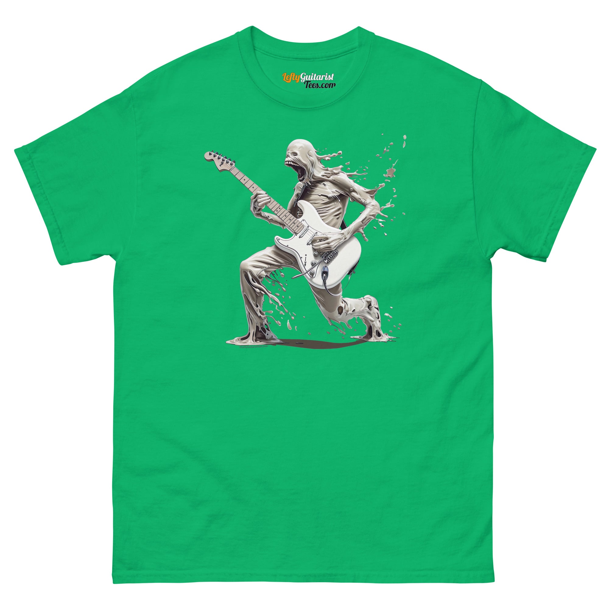 The Lefty Melting Man unisex tee in Irish green features a graphic of a melting figure playing left handed electric guitar.