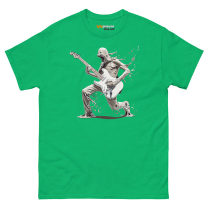 The Lefty Melting Man unisex tee in Irish green features a graphic of a melting figure playing left handed electric guitar.
