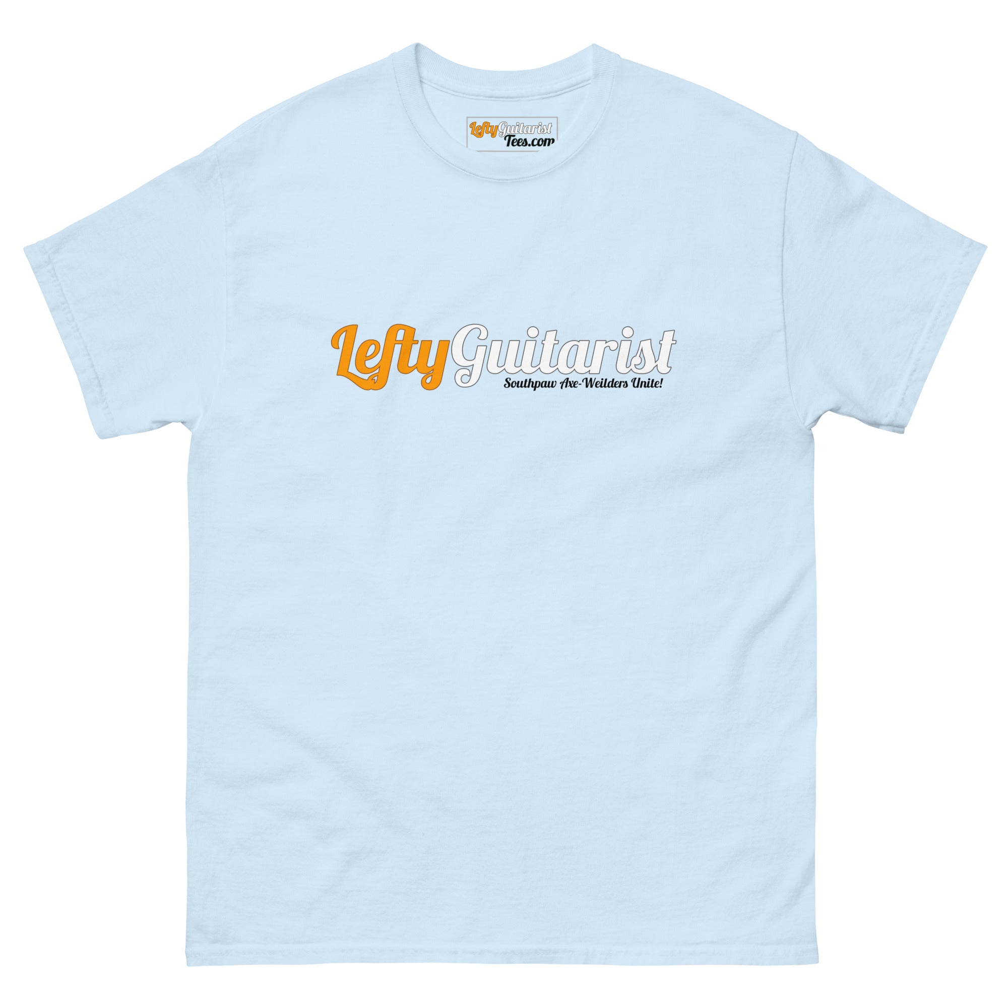 Light blue unisex t-shirt featuring the "LeftyGuitarist" logo in orange and white across the front.