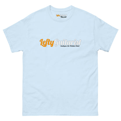 Light blue unisex t-shirt featuring the "LeftyGuitarist" logo in orange and white across the front.