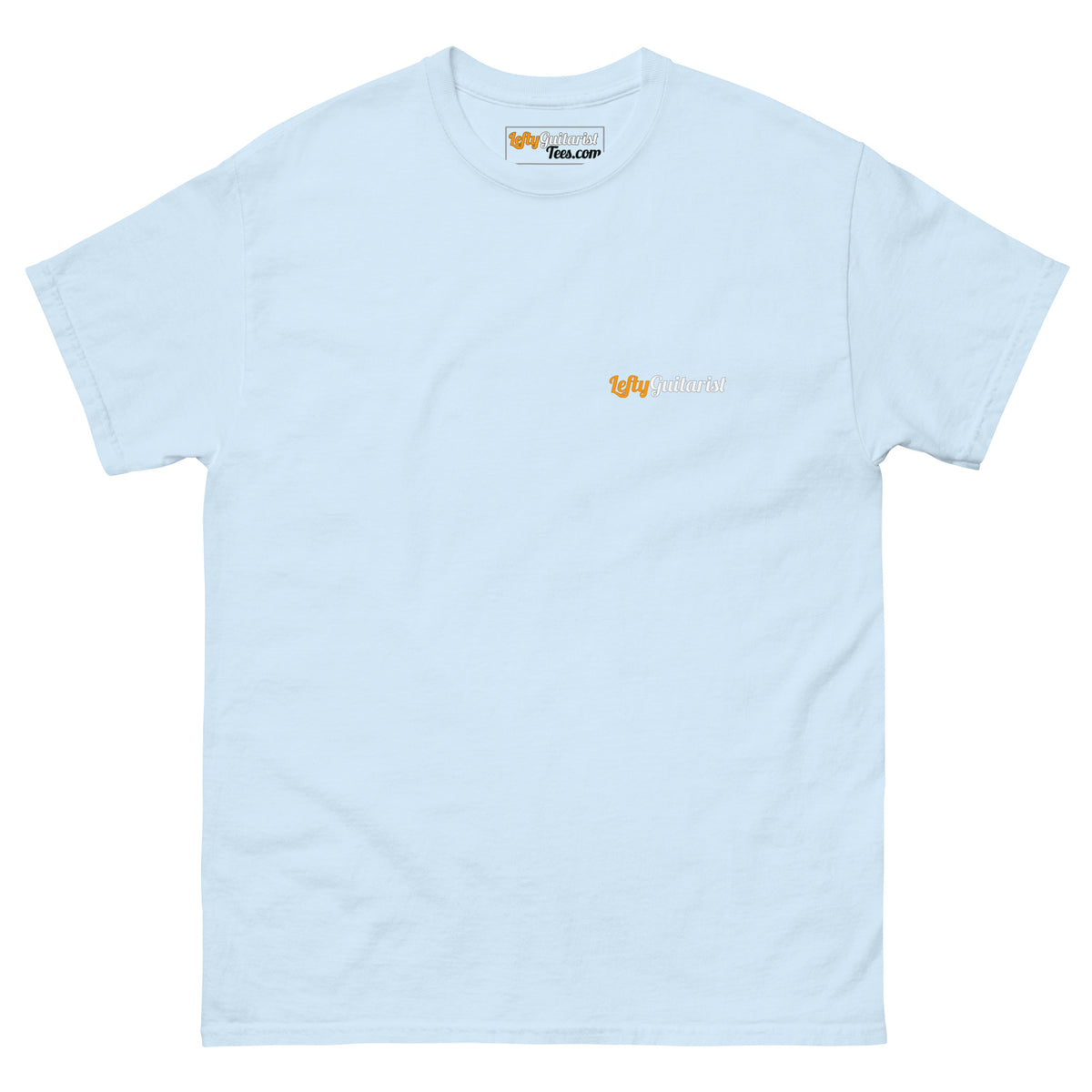 Light blue unisex T-shirt featuring a small LeftyGuitarist logo on the left chest area.