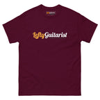 Maroon unisex T-shirt featuring the LeftyGuitarist logo in white and orange across the chest.