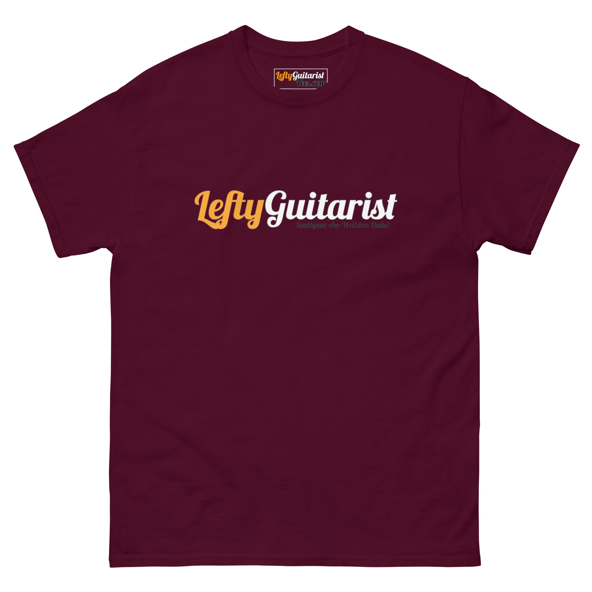 Maroon unisex T-shirt featuring the LeftyGuitarist logo in white and orange across the chest.