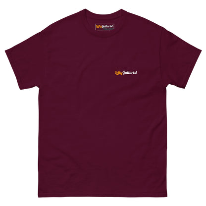 Maroon unisex T-shirt featuring the LeftyGuitarist small logo on the left chest area.