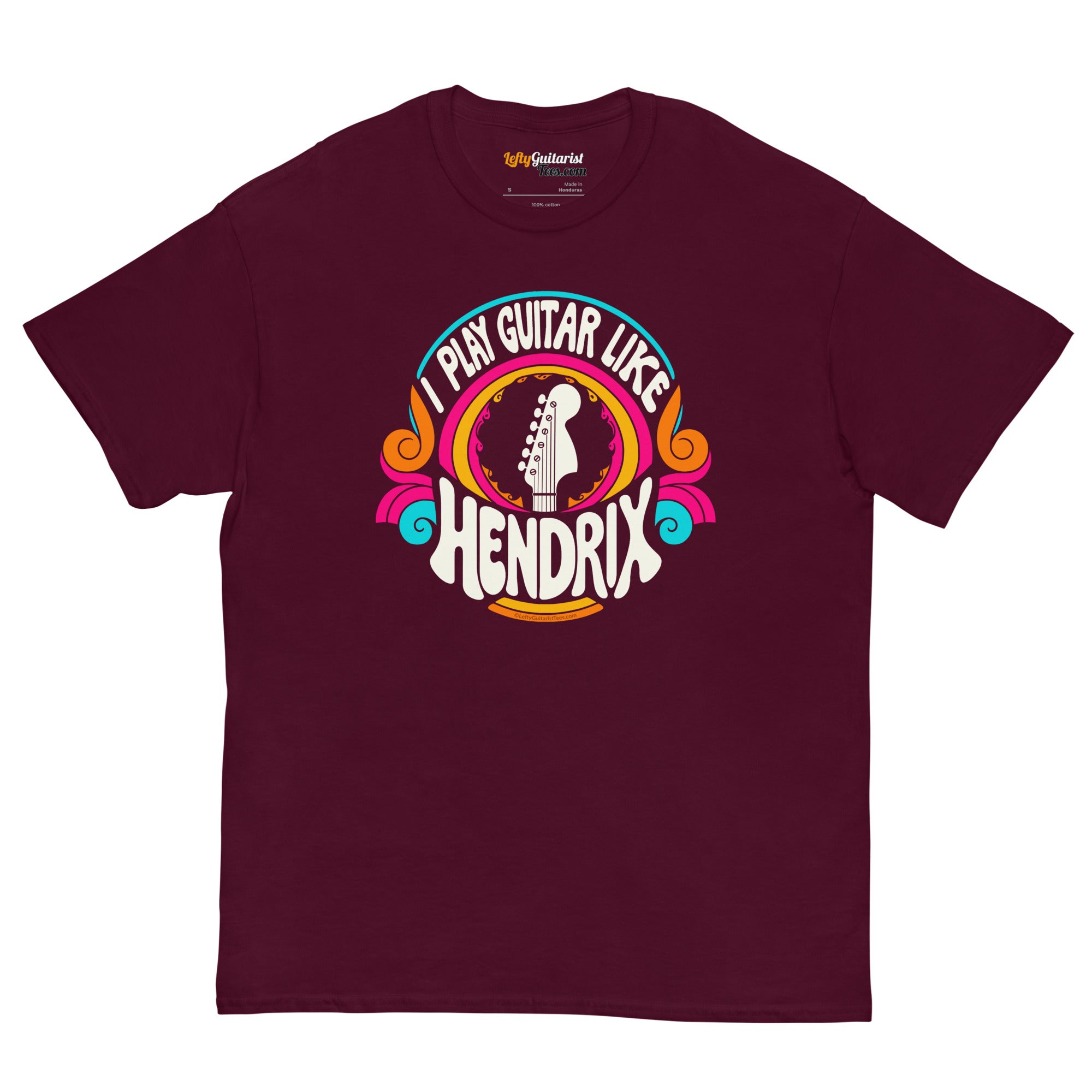 Maroon unisex t-shirt featuring a colorful graphic that reads "I play guitar like HENDRIX" with a guitar headstock illustration.
