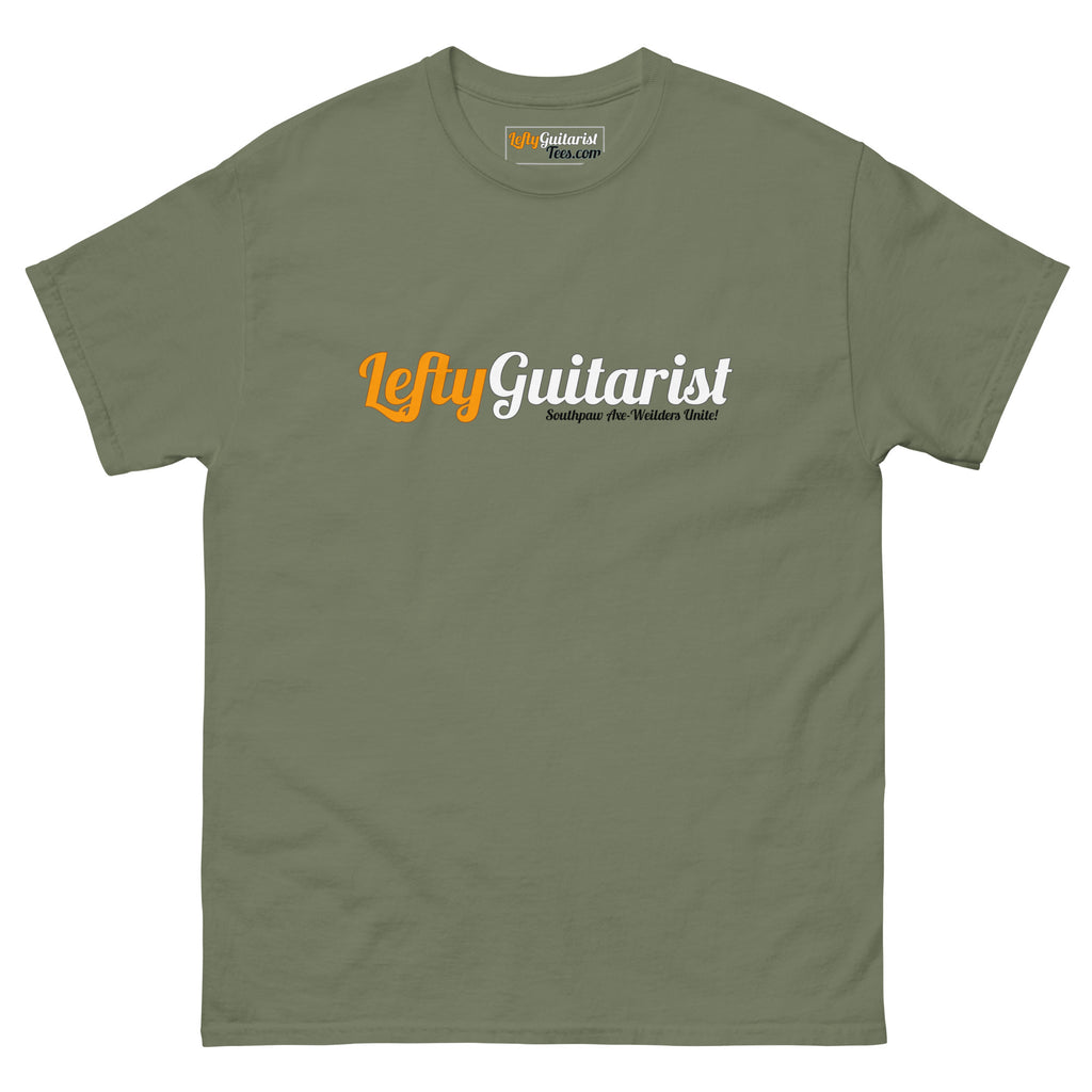 LeftyGuitarist big logo unisex T-shirt in military green with white and orange text on the front.