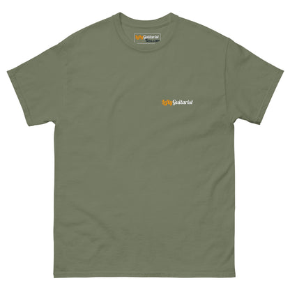 LeftyGuitarist small logo unisex t-shirt in military green, featuring a subtle logo on the left chest area.