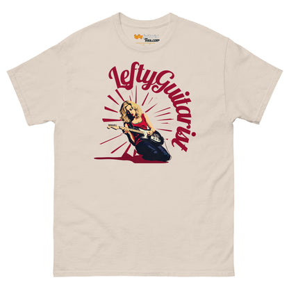 Lefty blonde guitarist unisex T-shirt in natural color with graphic design featuring a female guitarist.