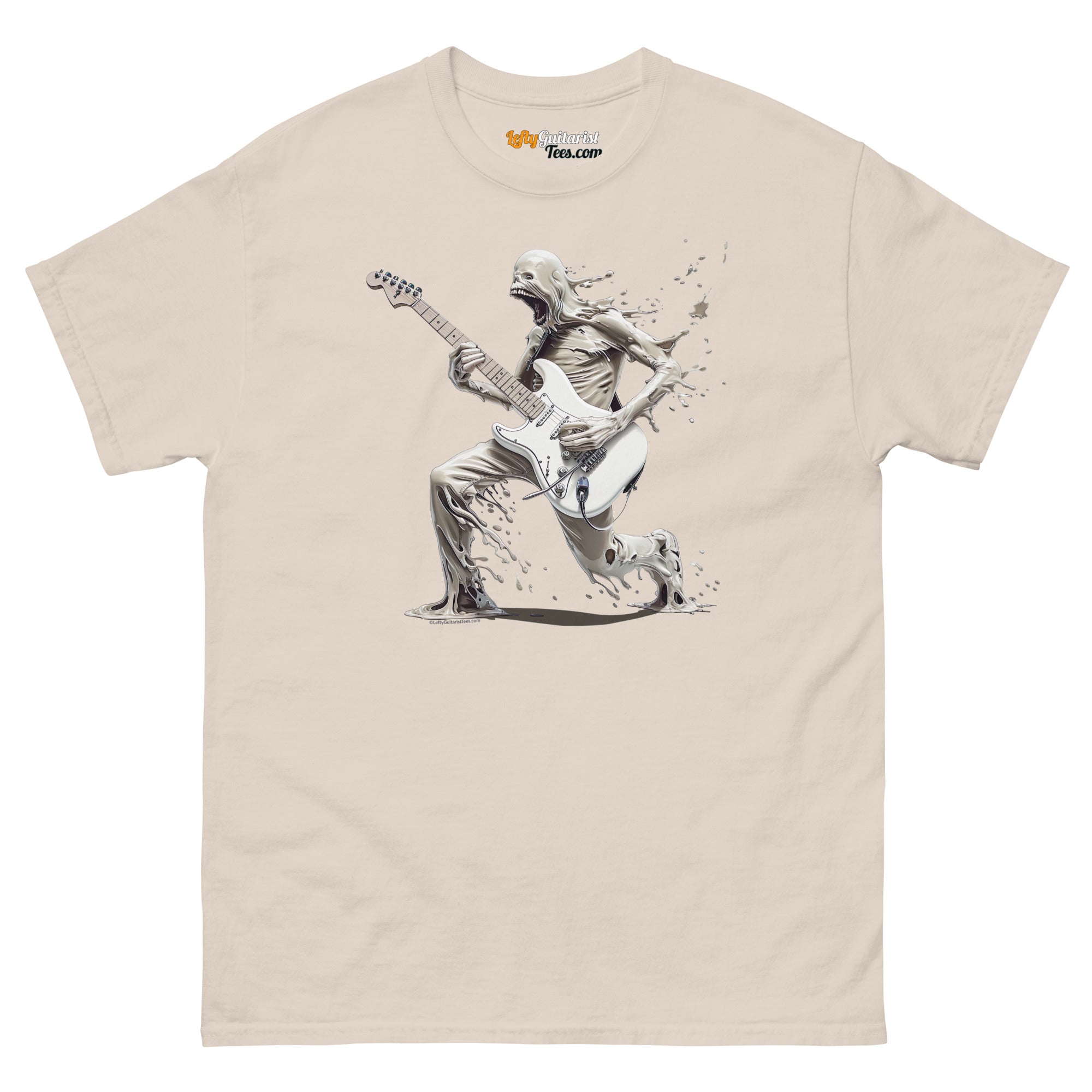 The Lefty Melting Man unisex tee in natural color features a graphic of a humanoid figure playing lefty guitar.