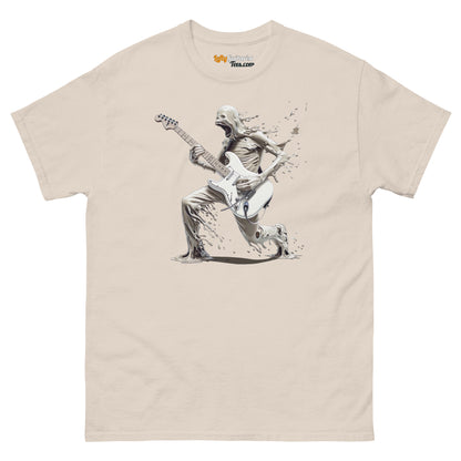 The Lefty Melting Man unisex tee in natural color features a graphic of a humanoid figure playing lefty guitar.