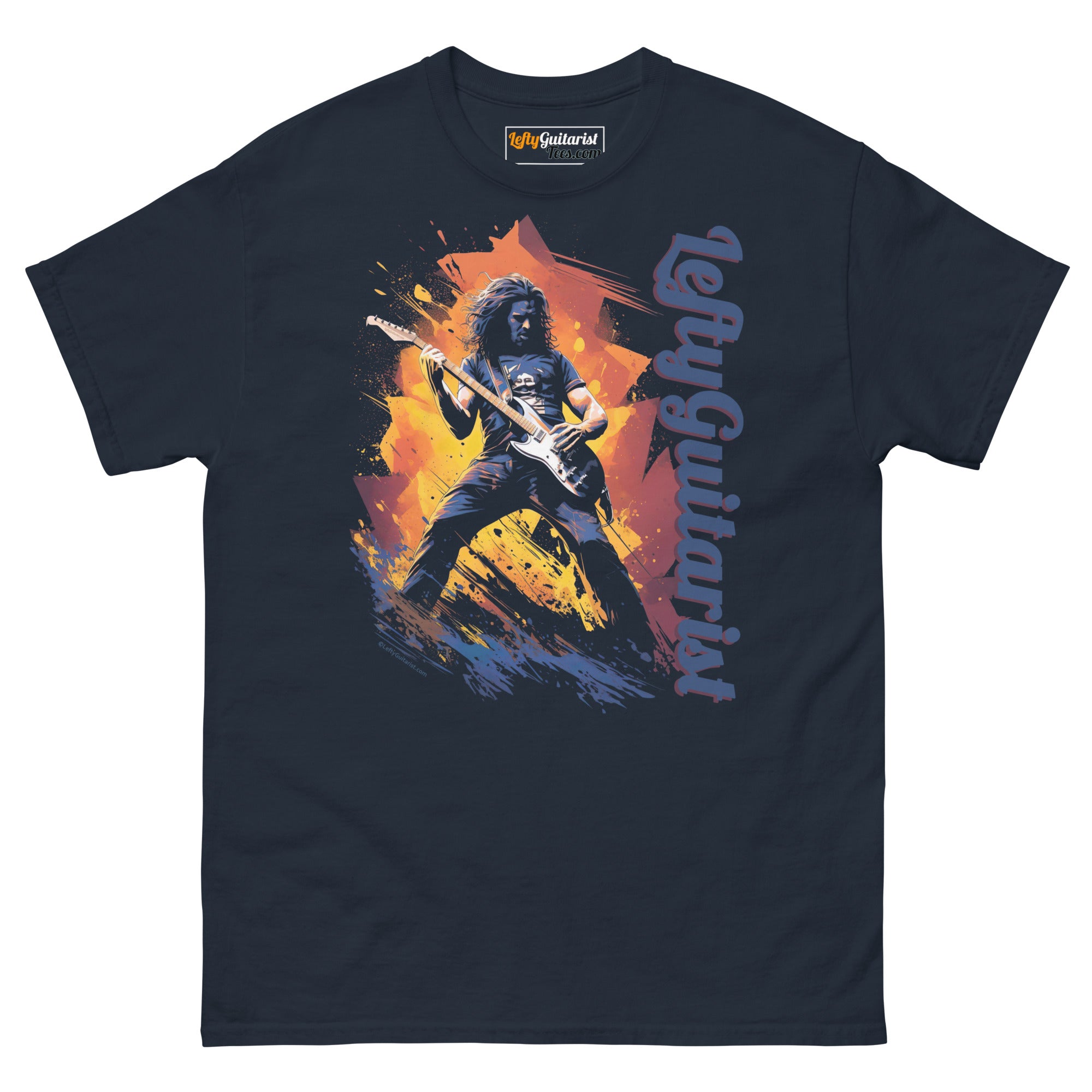 Navy unisex tee featuring a guitarist in action with "LeftyGuitarist" text and a colorful background design.
