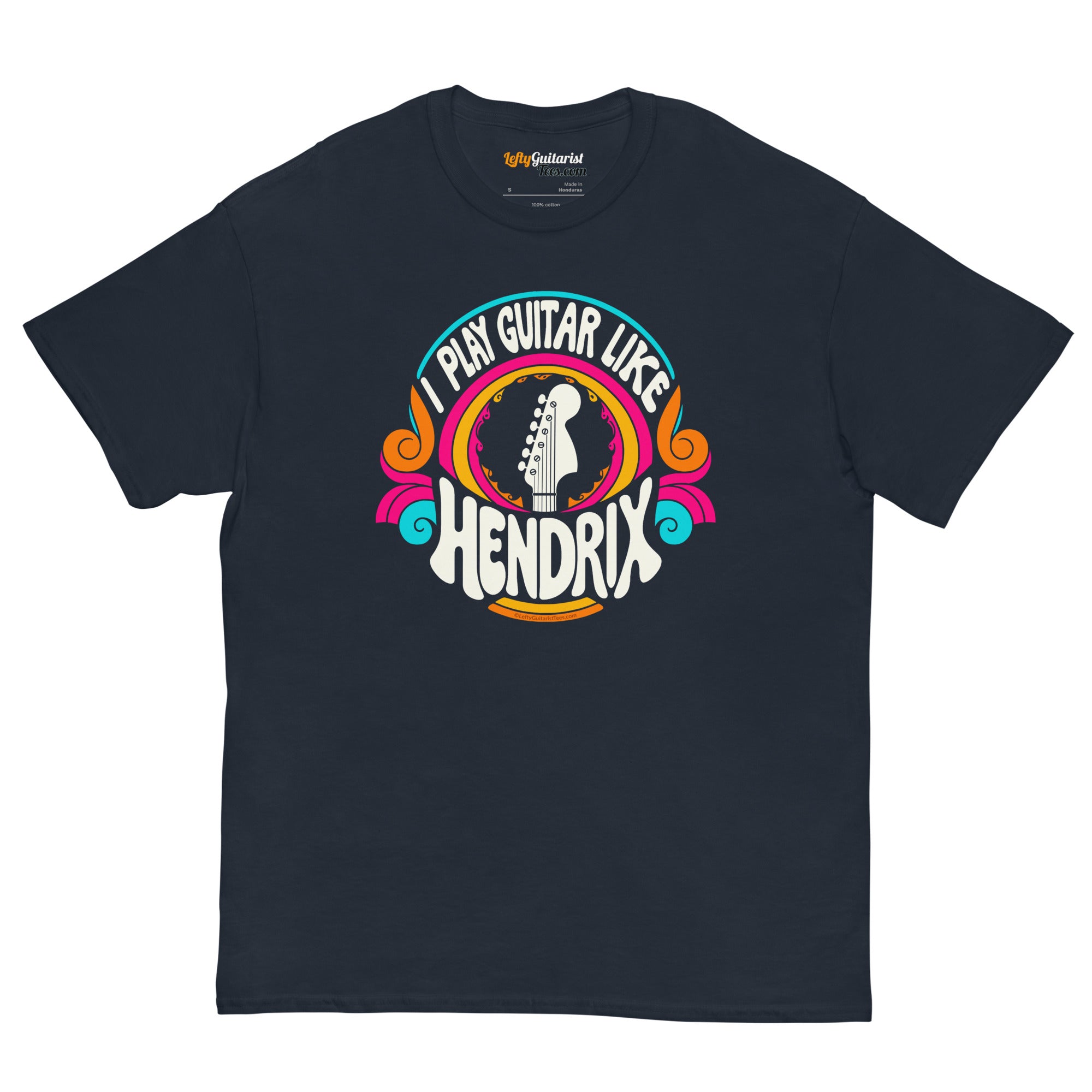 Navy unisex t-shirt featuring a colorful "I play guitar like HENDRIX" graphic with a guitar headstock illustration.