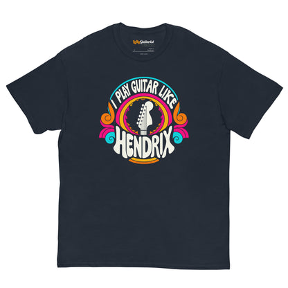 Navy unisex t-shirt featuring a colorful "I play guitar like HENDRIX" graphic with a guitar headstock illustration.