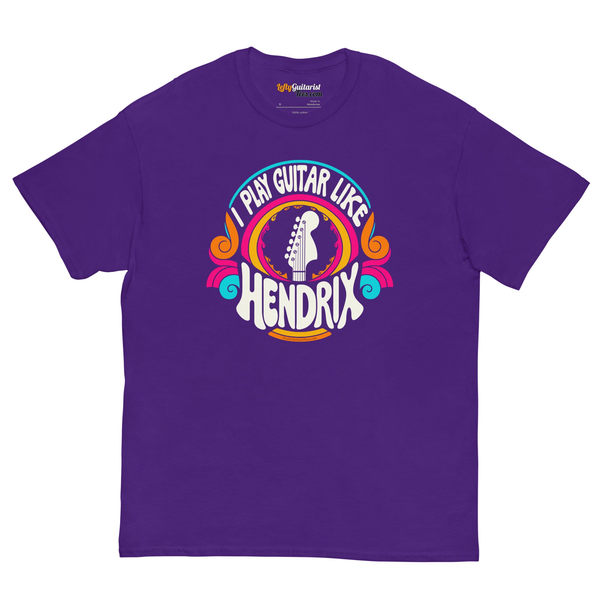 Purple unisex t-shirt featuring the text "I play guitar like HENDRIX" with a guitar headstock graphic and colorful psychedelic design.