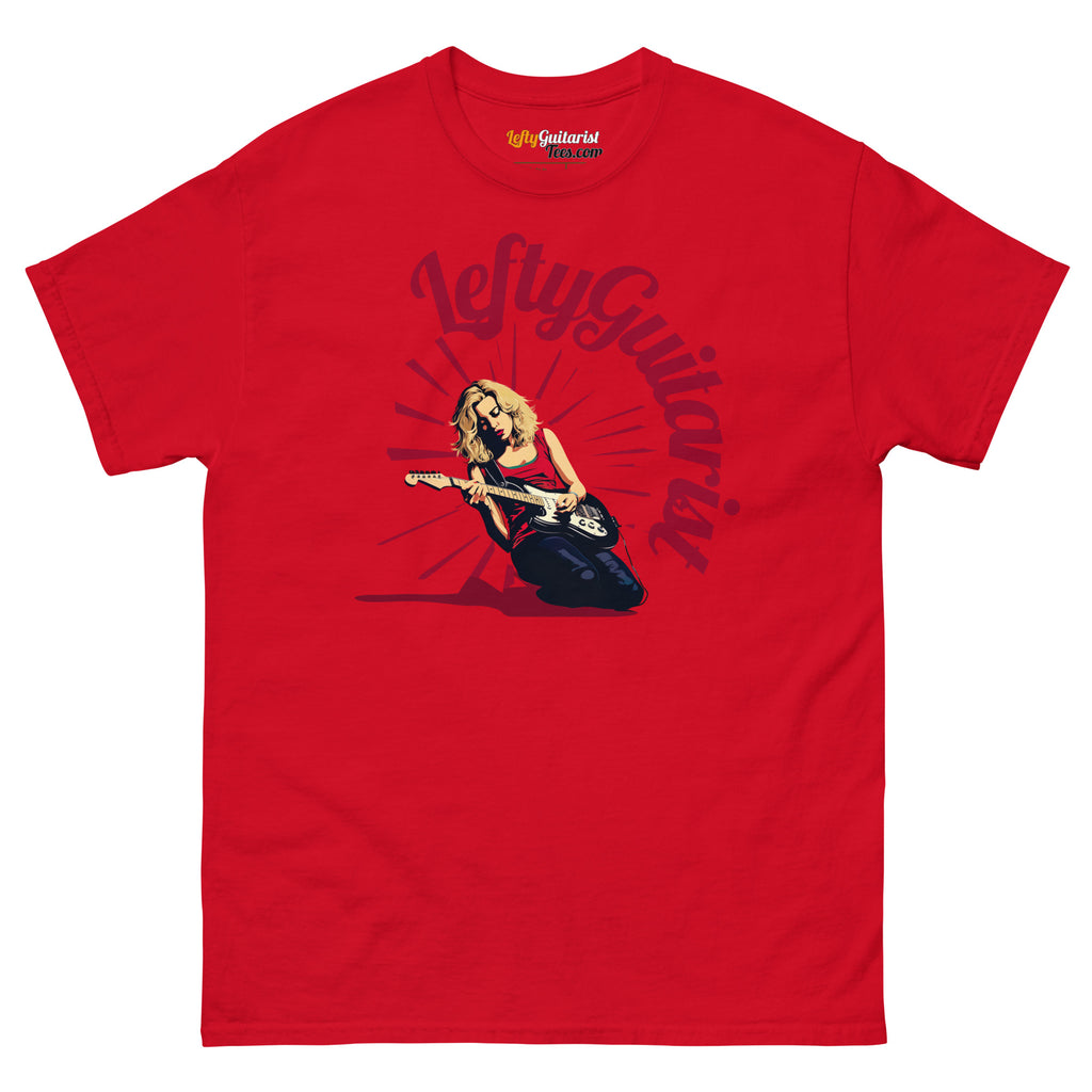 Red unisex T-shirt featuring a blonde guitarist with the text "Lefty Guitarist" in a bold design.
