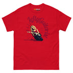 Red unisex T-shirt featuring a blonde guitarist with the text "Lefty Guitarist" in a bold design.