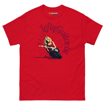 Red unisex T-shirt featuring a blonde guitarist with the text "Lefty Guitarist" in a bold design.