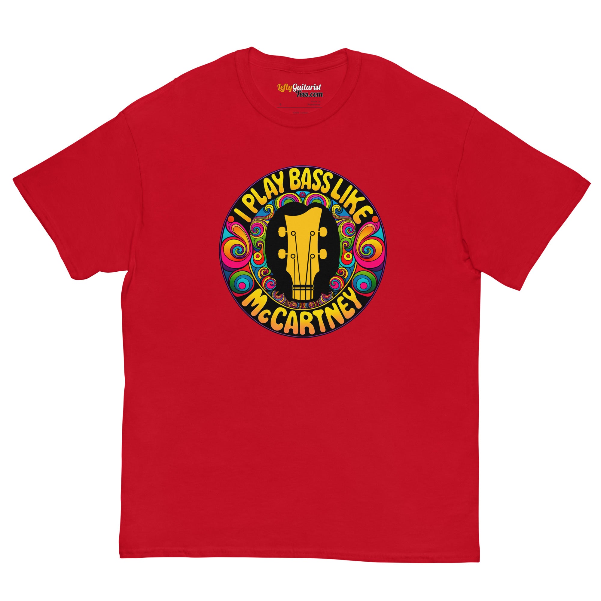 Red unisex t-shirt featuring a circular graphic with "I Play Bass Like McCartney" and a guitar design in vibrant colors.
