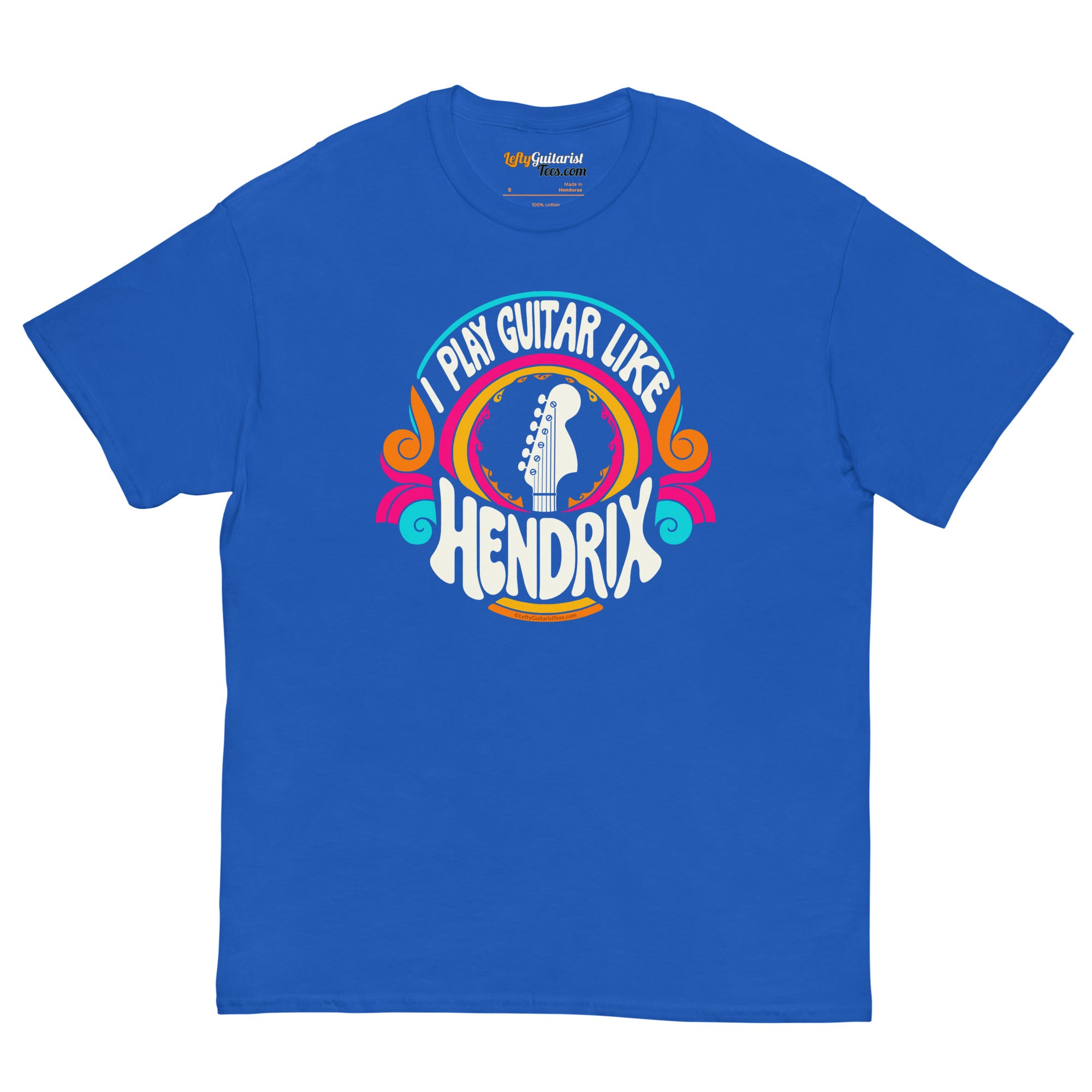 Royal blue unisex t-shirt featuring a colorful graphic that reads "I play guitar like HENDRIX" with a guitar headstock illustration.