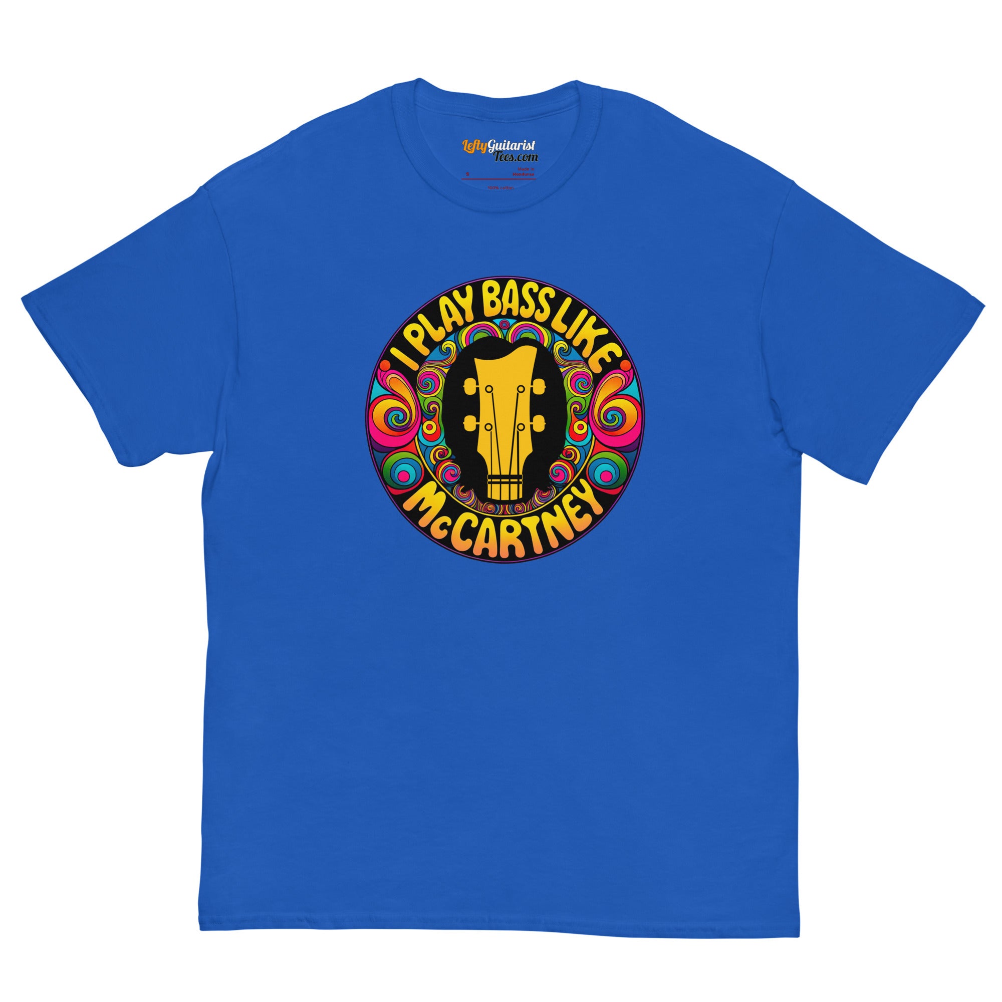 Royal blue unisex T-shirt featuring a colorful circular graphic with "I play bass like McCartney" and a bass guitar design.
