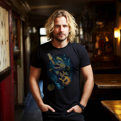 Black unisex T-shirt featuring a graphic of a bass fish playing a lefty bass guitar, worn by a man with long blond hair.