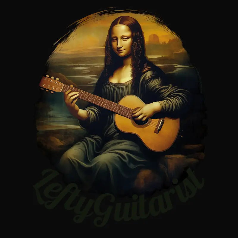 Mona Lisa holding a left handed guitar on a black unisex T-shirt design with "LeftyGuitarist" text below the image.