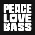 A black square graphic with large white block text reading 'PEACE LOVE LEFTY BASS'. The hole in the letter O in 'LOVE' is in the shape of a heart.