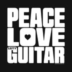 A black square graphic with large white block text reading 'PEACE LOVE LEFTY GUITAR'. The hole in the letter O in 'LOVE' is in the shape of a heart.