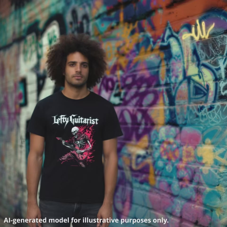 Flaming red skeleton graphic on a black unisex T-shirt, worn by a man against a graffiti-covered wall.