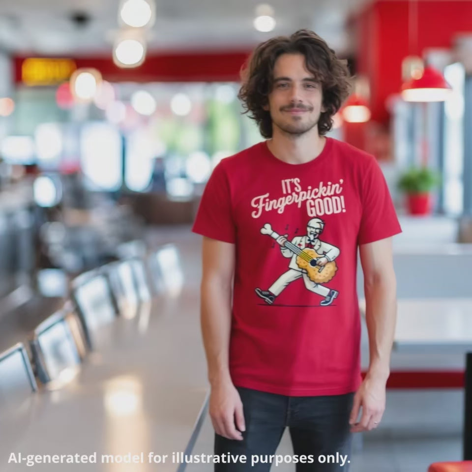 Brown-haired man wearing a red unisex T-shirt featuring a white-haired man in a white suite playing a left handed guitar made out of a chicken drumstick, featuring the text "It's Fingerpickin' Good!".