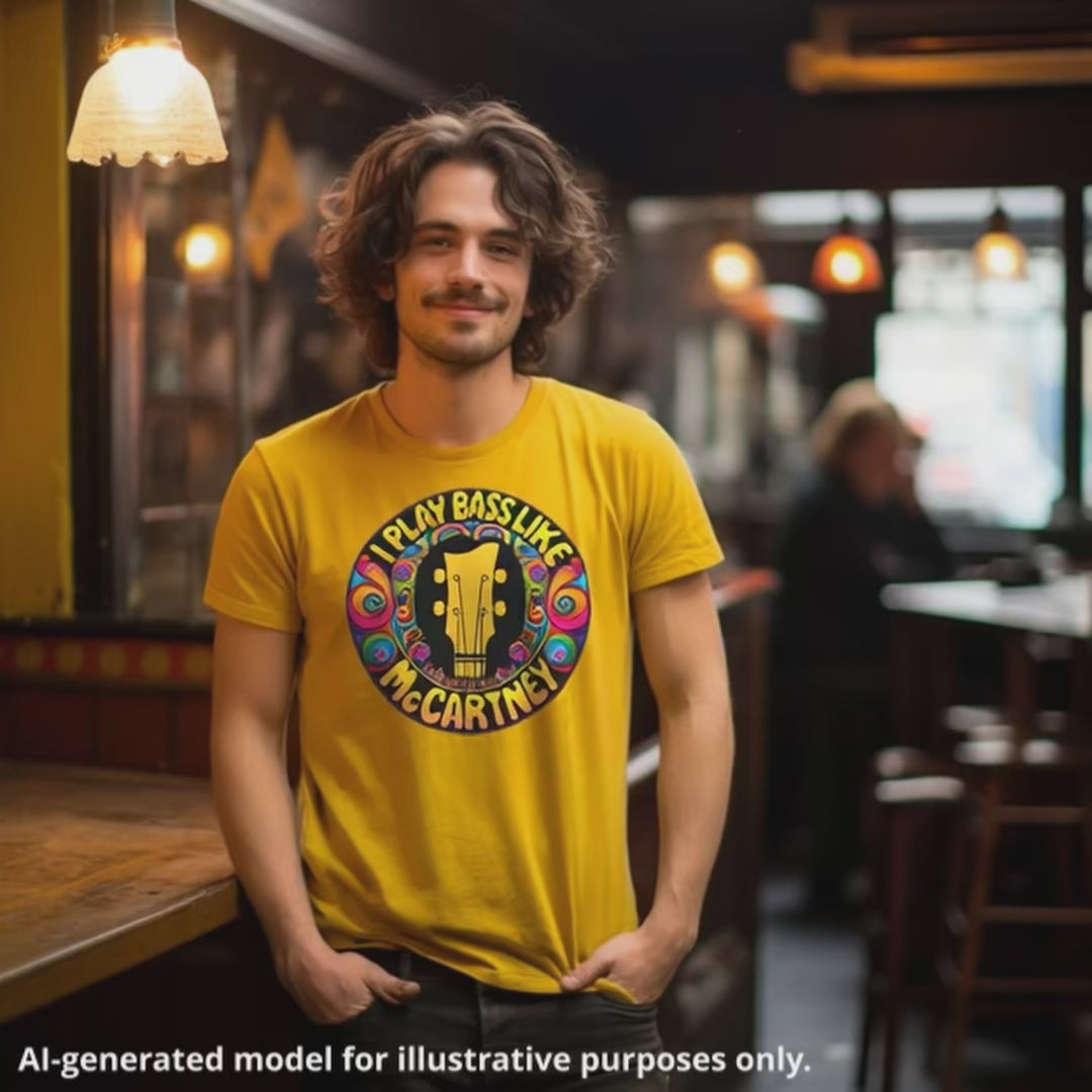 Man wearing a yellow-gold "I Play Bass Like McCartney" unisex tee featuring a colorful psychedelic design with a guitar headstock silhouette.