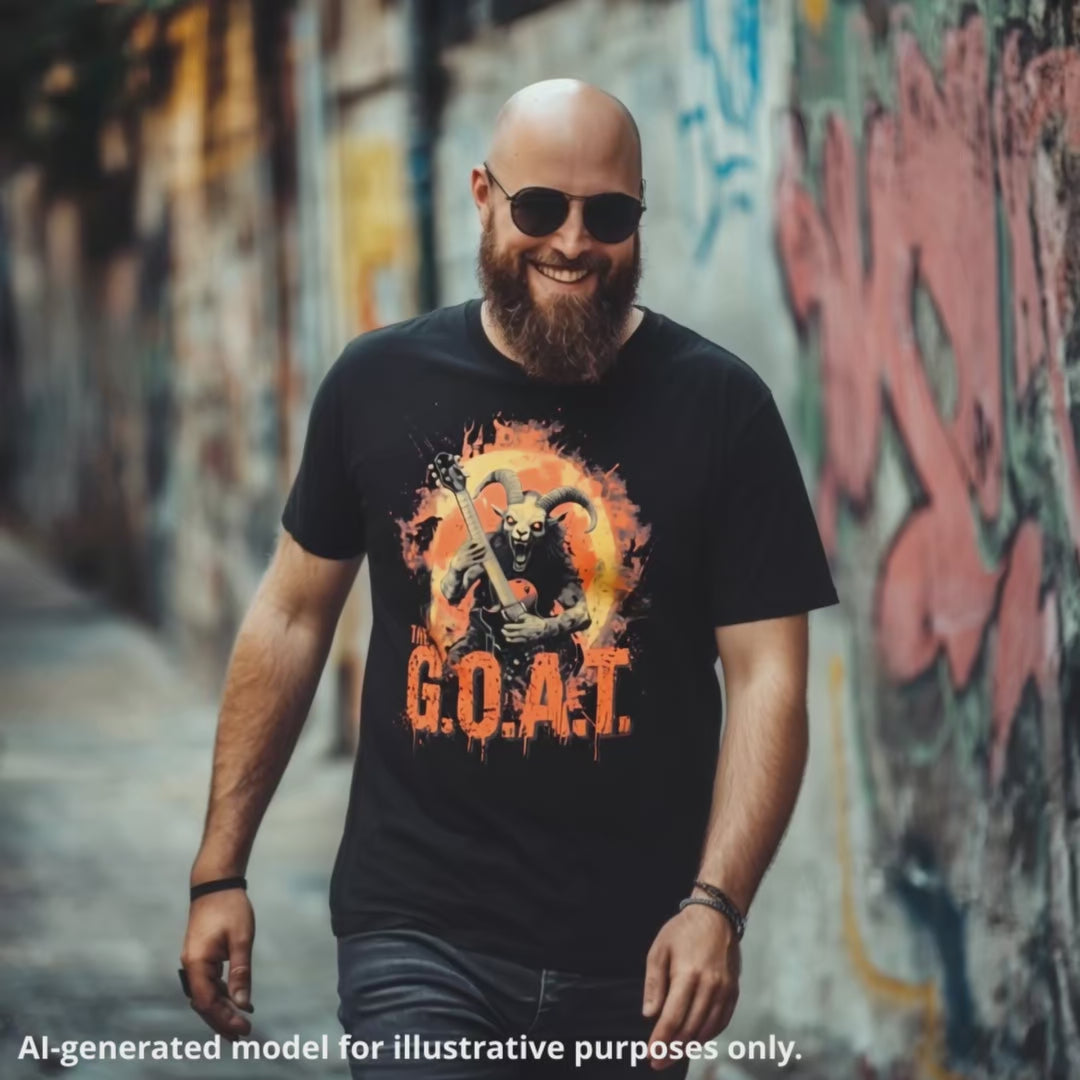 Black unisex T-shirt featuring "The G.O.A.T." graphic with a demon guitarist, worn by a smiling man with sunglasses.