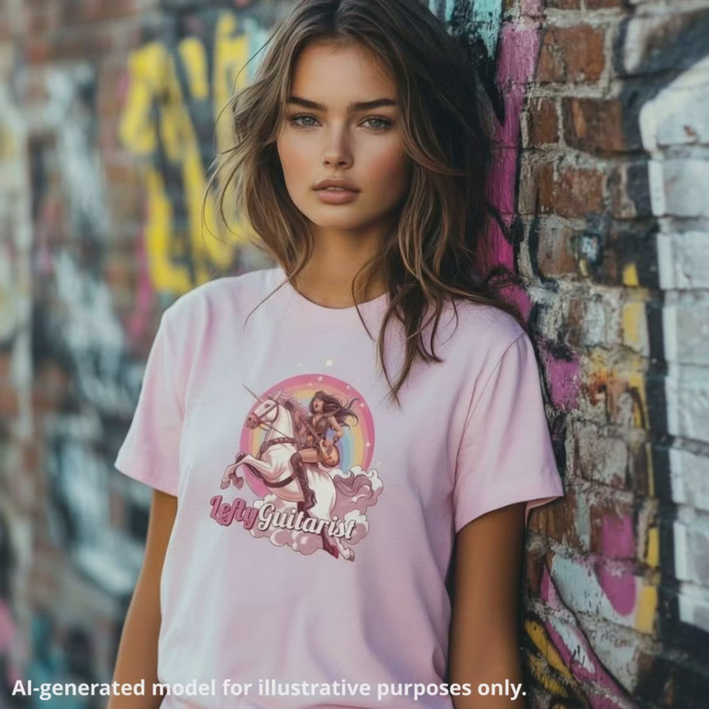 Pink unisex T-shirt featuring an Amazon Warrior playing a left handed Les Paul style guitar, worn by a woman against a colorful graffiti background.