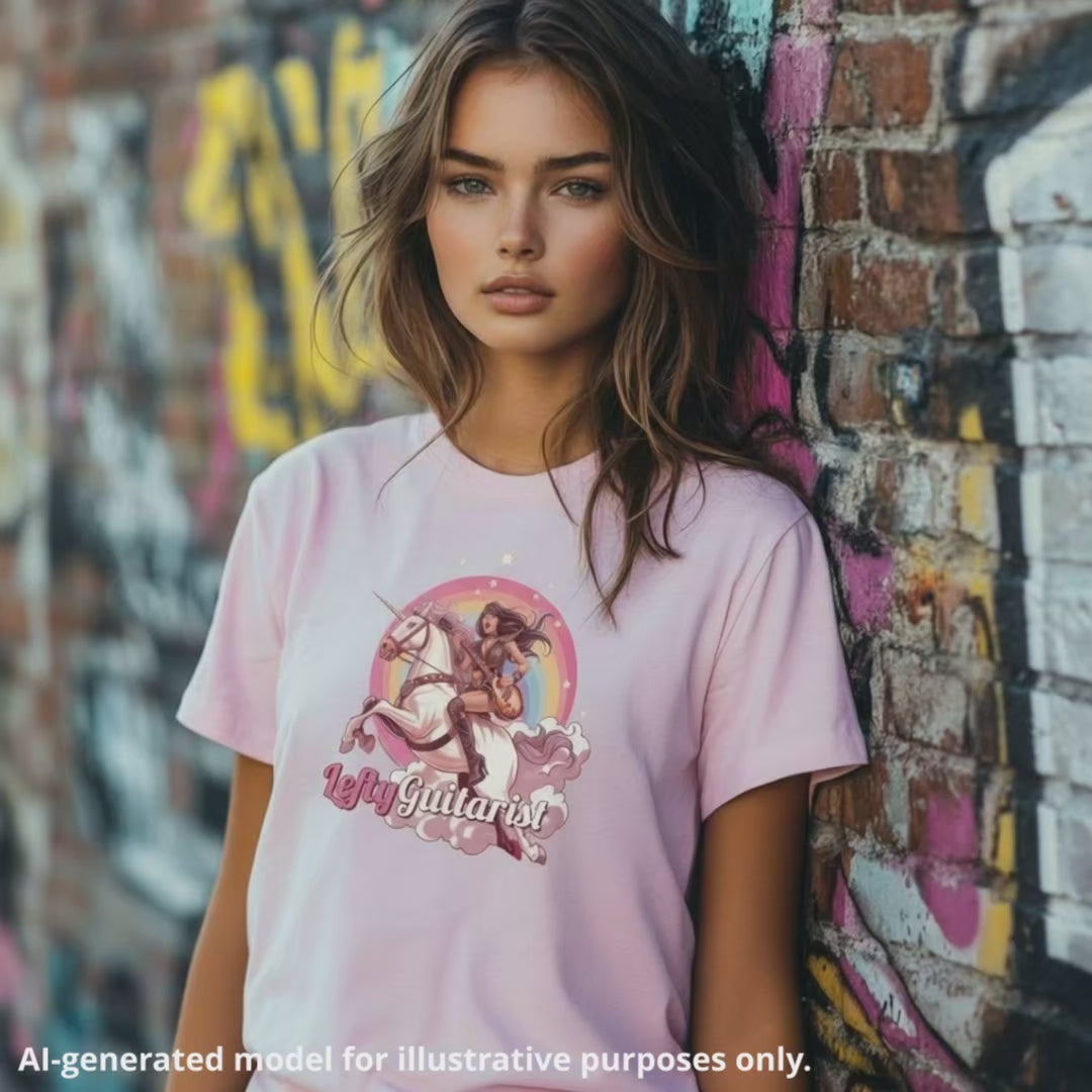 Pink unisex T-shirt featuring an Amazon Warrior playing a left handed Les Paul style guitar, worn by a woman against a colorful graffiti background.