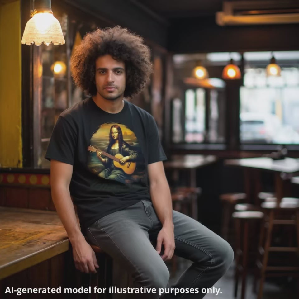 Man with afro wearing a black unisex T-shirt featuring a graphic of a woman playing guitar left handed, inspired by the Mona Lisa painting.