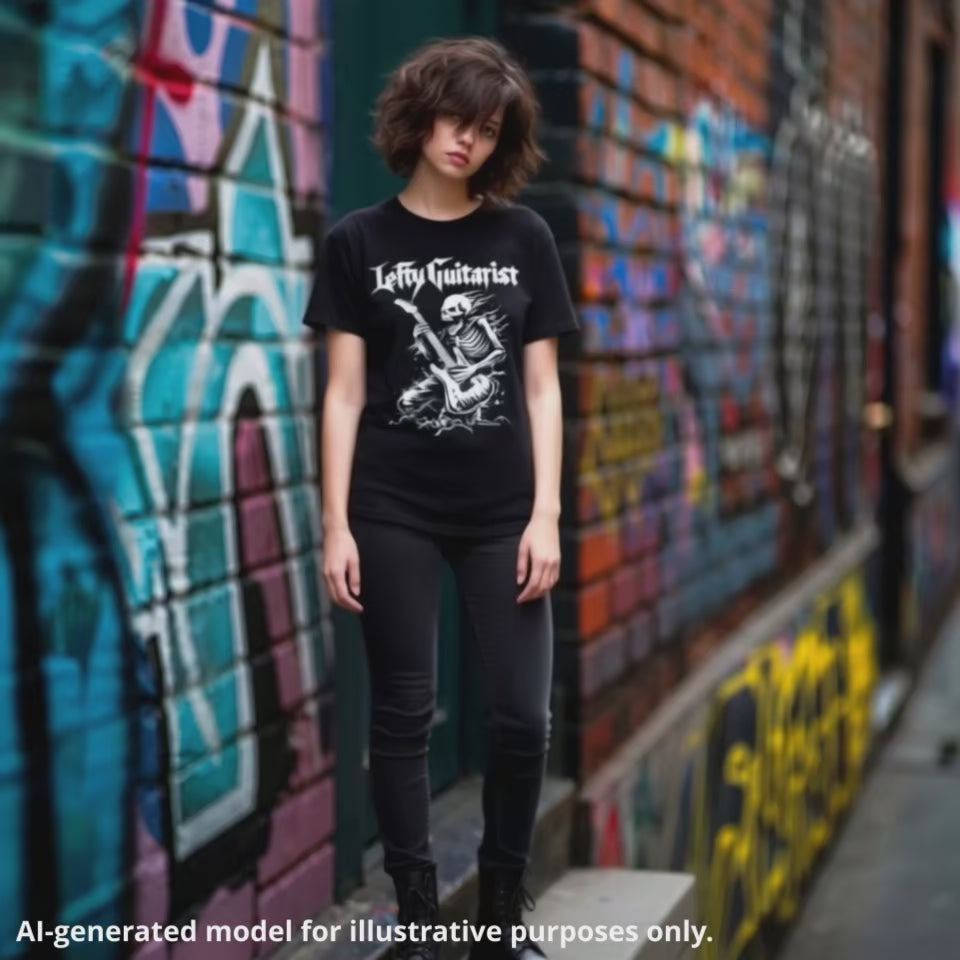 A black LeftyGuitarist "Skeleton" unisex t-shirt featuring a skeleton playing lefty guitar, worn by a woman standing in front of a graffiti background