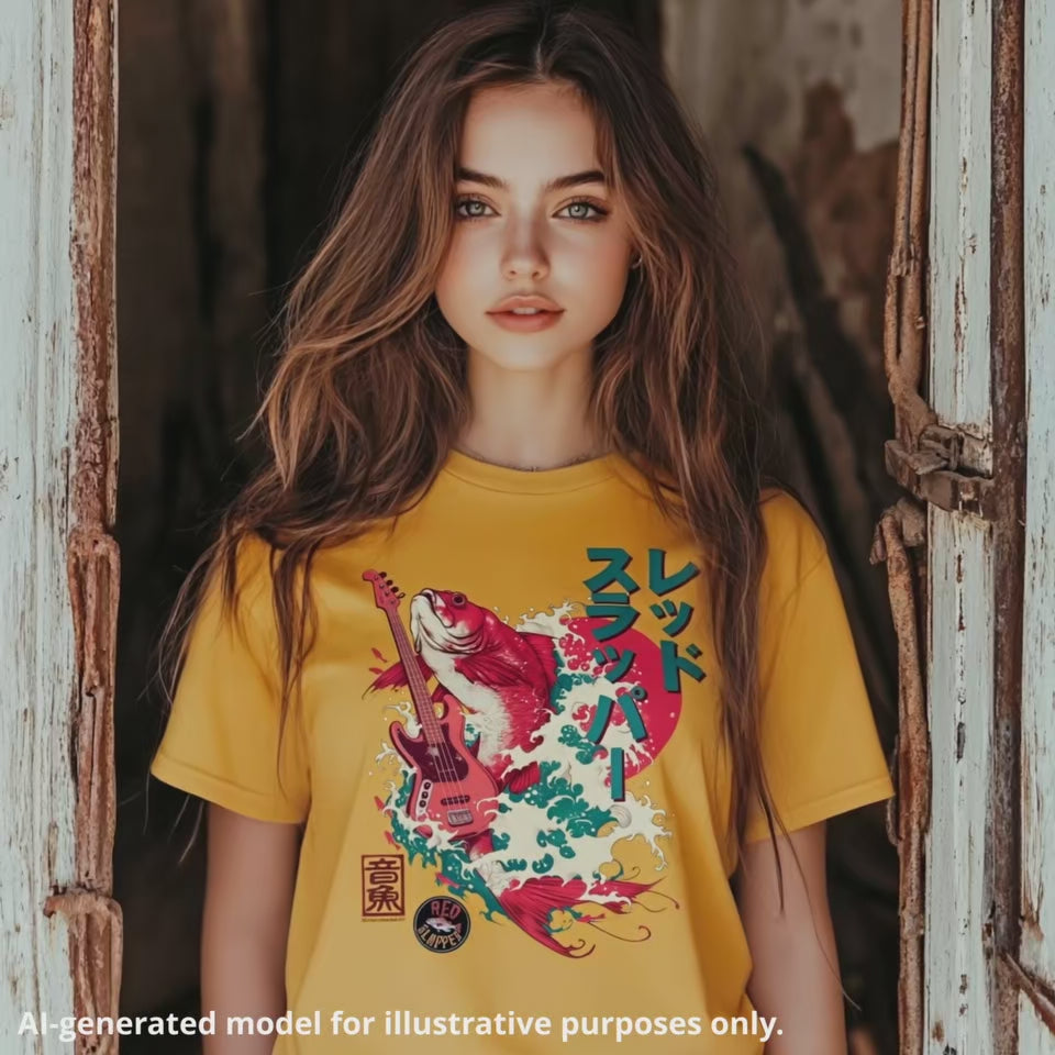 American-Greek woman with long brown hair wearing a yellow unisex T-shirt featuring the Japanese katakana "レッド・スラッパー". The design also features an illustration of a Red Snapper fish with a left handed Jazz style bass guitar.