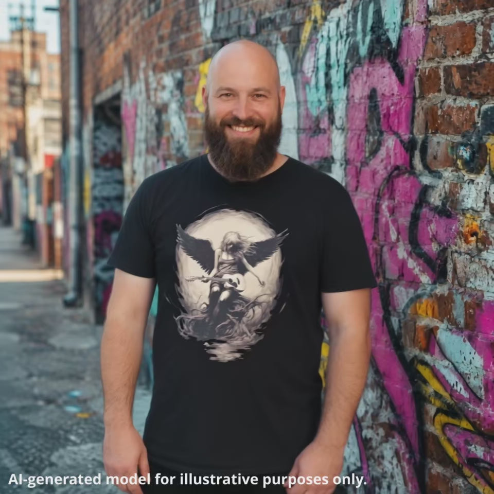 Bald, bearded man wearing a black unisex T-shirt featuring a graphic of an angelic figure with wings playing a lefty guitar, set against a circular light back...