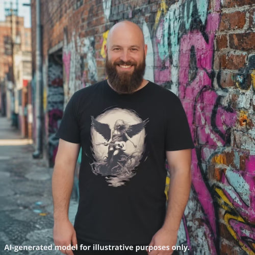 Bald, bearded man wearing a black unisex T-shirt featuring a graphic of an angelic figure with wings playing a lefty guitar, set against a circular light back...