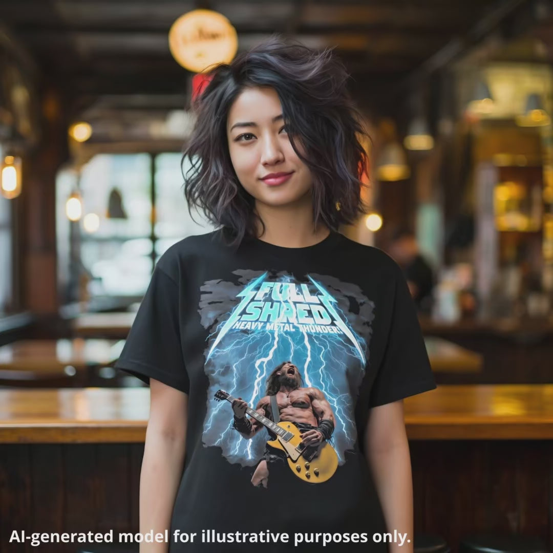 Woman wearing a black unisex T-shirt featuring a muscular man playing a lefty gold top Les Paul style guitar, with "Full Shred Heavy Metal Thunder!" text and lightning design.