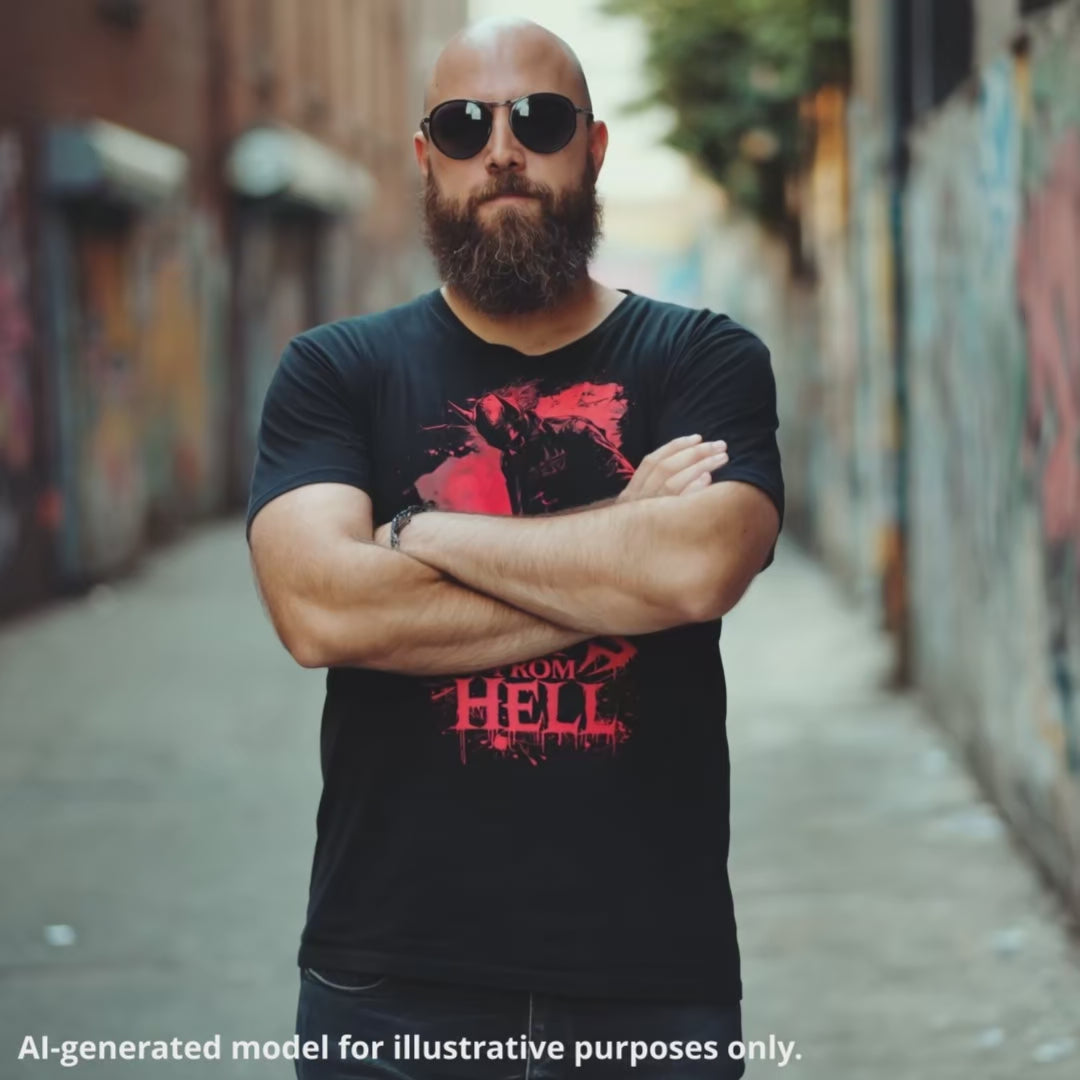 Black unisex t-shirt featuring a red graphic of a lefty demon guitarist with the text "Riffs From Hell," worn by a man standing in front of a graffitied wall