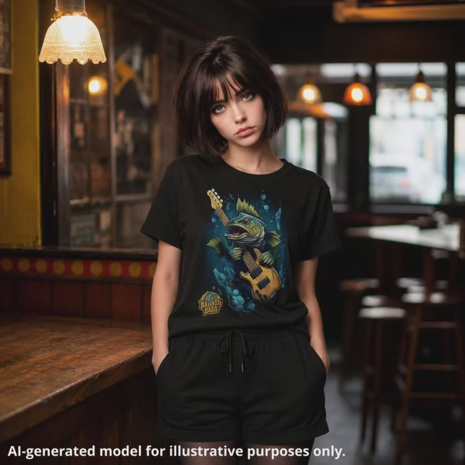 Woman wearing a black unisex T-shirt featuring a bass fish holding a lefty bass guitar, with "Badass Bass" text and water splash design.