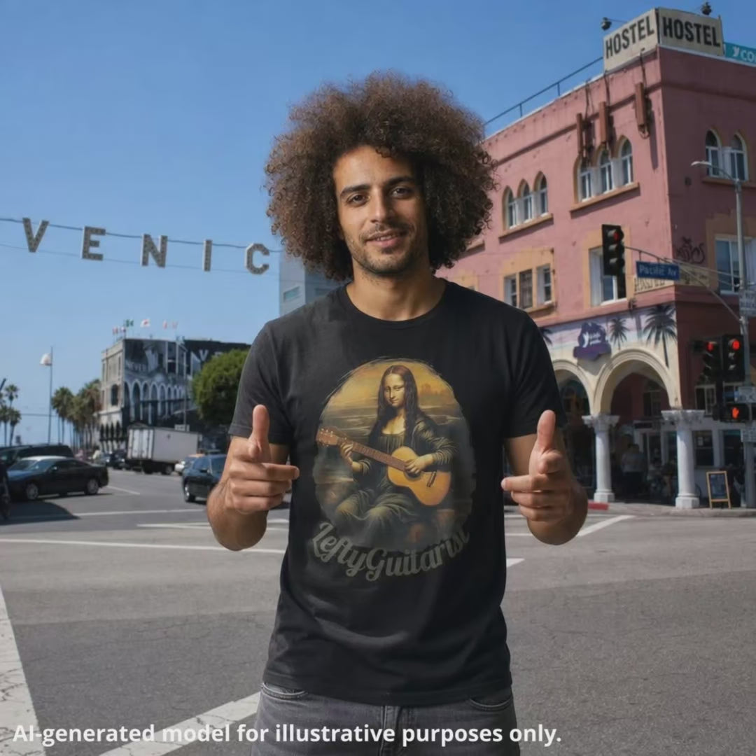 Man with afro wearing a black unisex T-shirt featuring a graphic of a woman playing guitar left handed, inspired by the Mona Lisa painting.